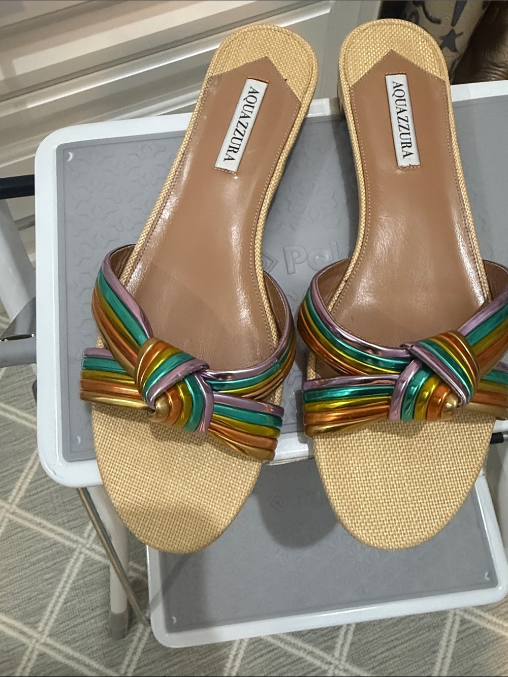 Aquazzura Multicolored Knot-Front Slide Sandals - Beige Footbed